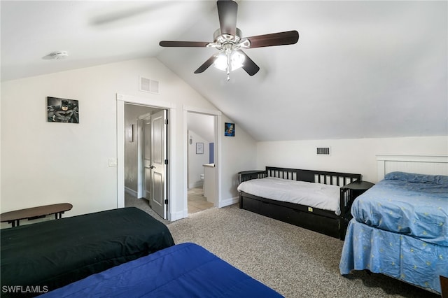 carpeted bedroom with lofted ceiling, visible vents, ceiling fan, and baseboards