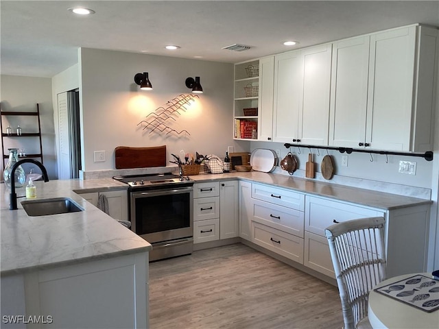 kitchen with electric range, white cabinets, kitchen peninsula, and sink