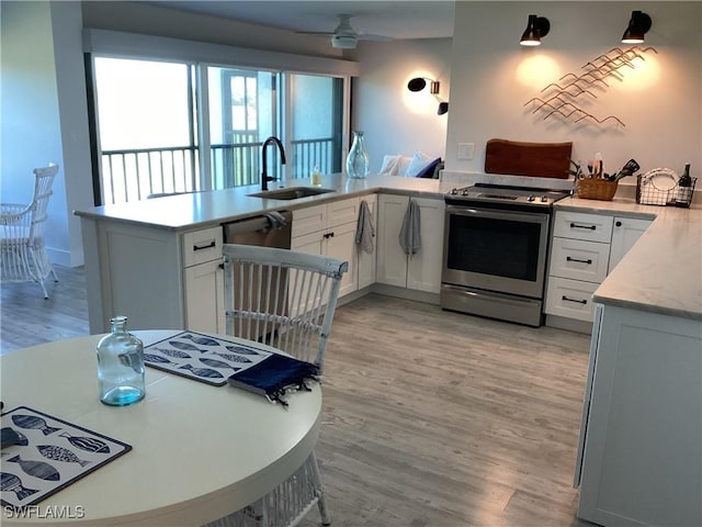 kitchen featuring kitchen peninsula, white cabinets, light hardwood / wood-style flooring, and electric stove