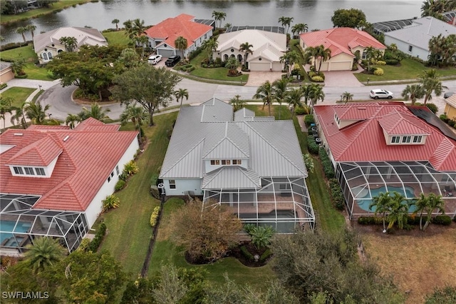 aerial view featuring a water view