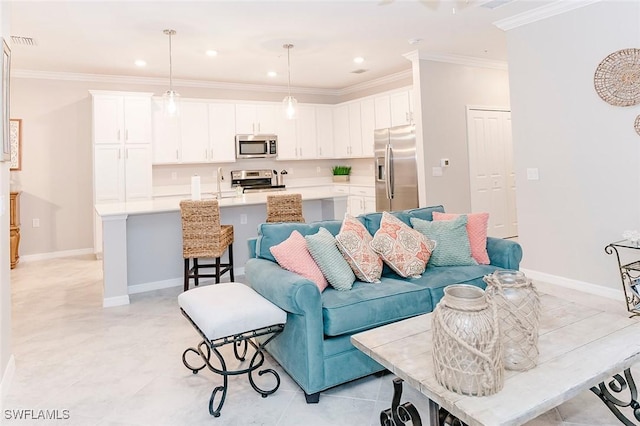 living room featuring crown molding and sink