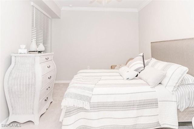 bedroom with light colored carpet and ornamental molding