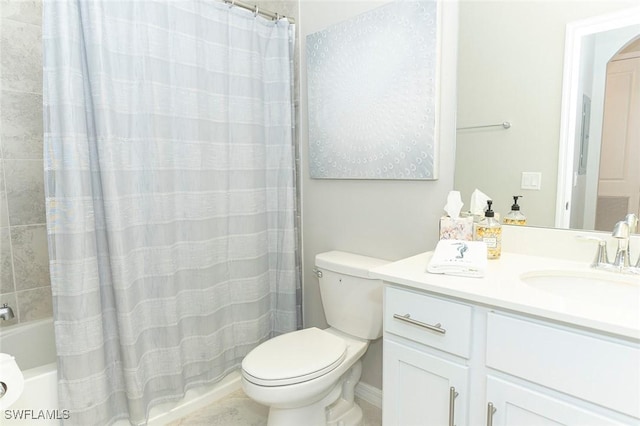 full bathroom with shower / bath combo, vanity, and toilet