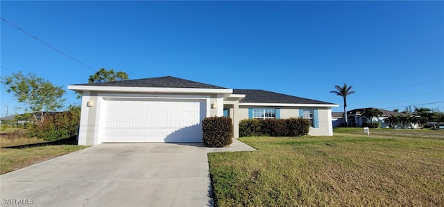 single story home featuring a garage and a front lawn