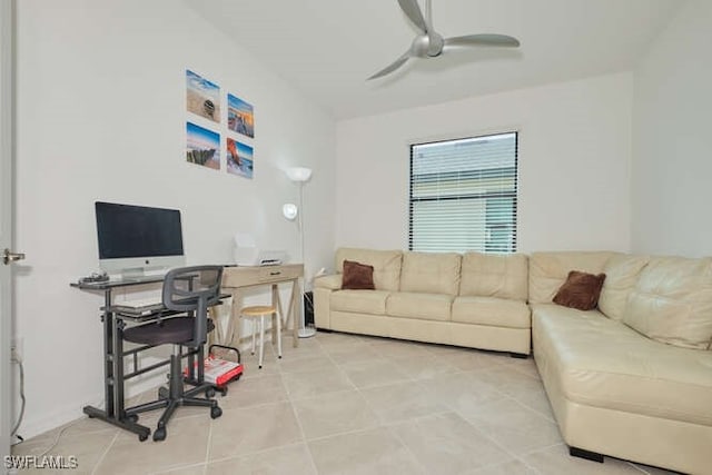 tiled living room with ceiling fan