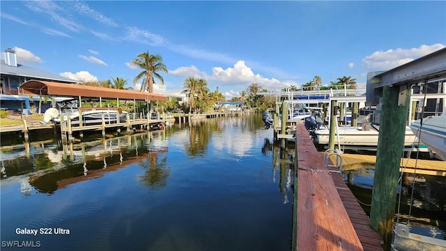 dock area with boat lift and a water view