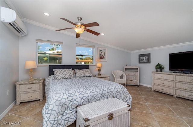 bedroom featuring a wall mounted air conditioner, tile patterned floors, vaulted ceiling, ceiling fan, and crown molding