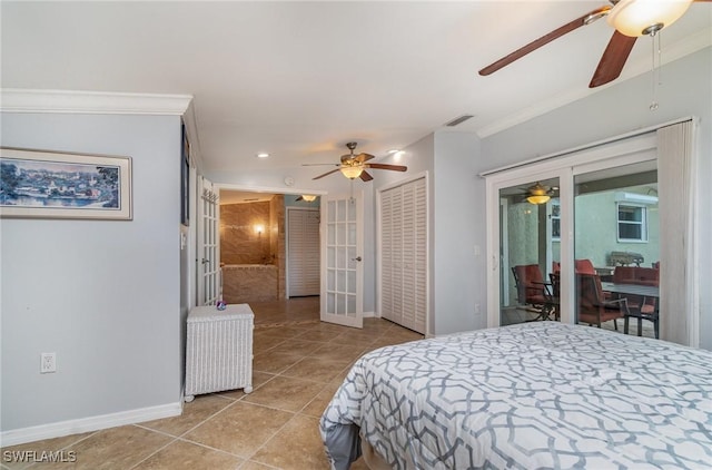 bedroom with ceiling fan, crown molding, and french doors