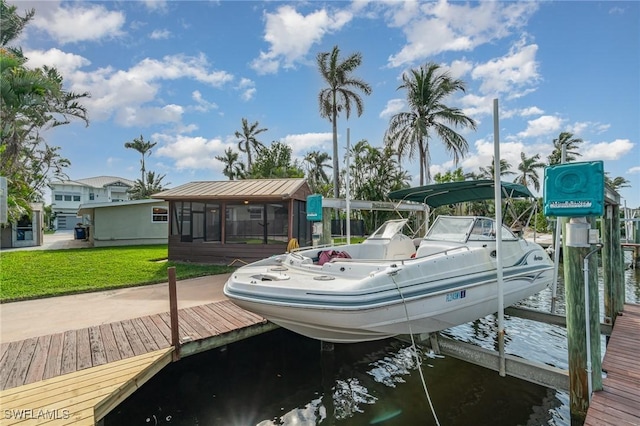 view of dock featuring a water view and a lawn