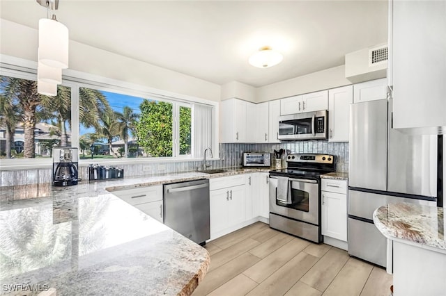 kitchen featuring white cabinetry, sink, stainless steel appliances, tasteful backsplash, and pendant lighting