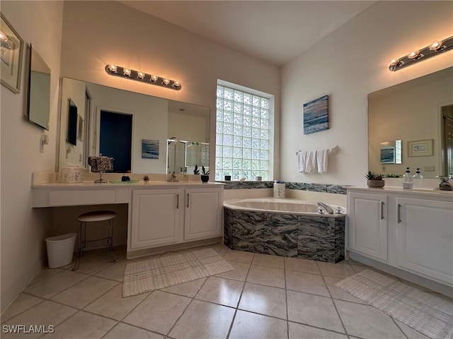 bathroom featuring vanity, tile patterned floors, and independent shower and bath