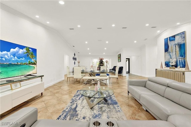 living room featuring lofted ceiling, ornamental molding, and light tile patterned flooring