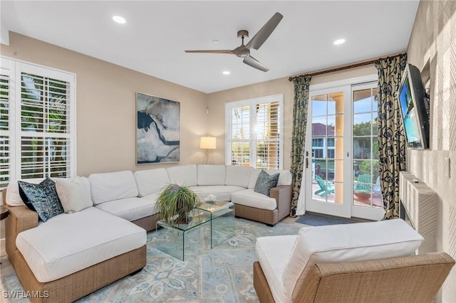 living room with ceiling fan