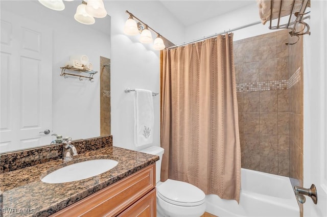 full bathroom with shower / bath combo, toilet, and vanity