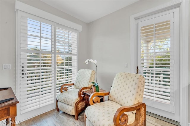 living area with light hardwood / wood-style flooring