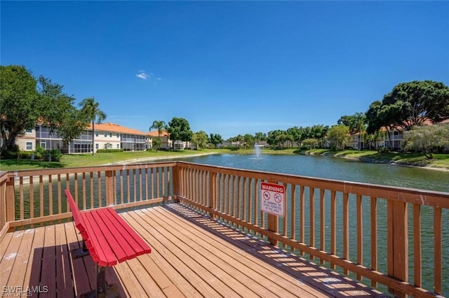 wooden deck featuring a water view and a yard