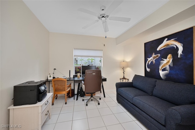 tiled office featuring ceiling fan