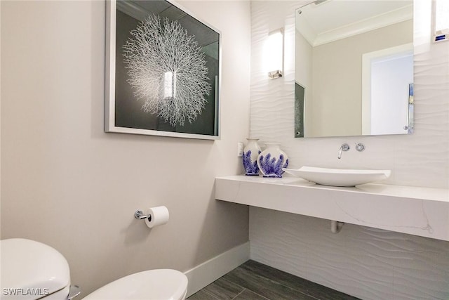 bathroom featuring sink, hardwood / wood-style floors, and toilet