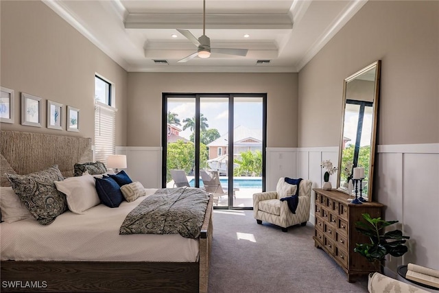 bedroom featuring carpet flooring, access to exterior, ceiling fan, and ornamental molding