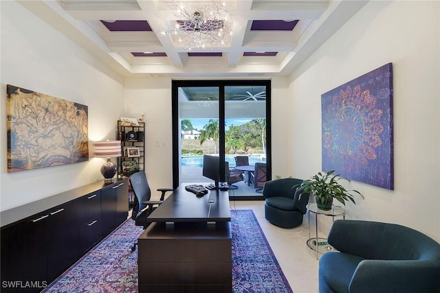 office space with beam ceiling and coffered ceiling