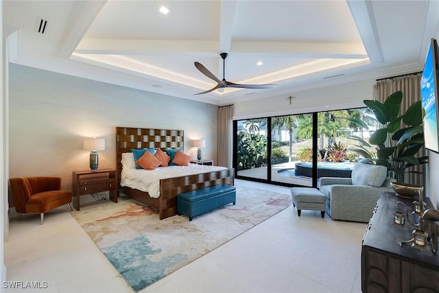 bedroom featuring access to outside, a raised ceiling, and ceiling fan