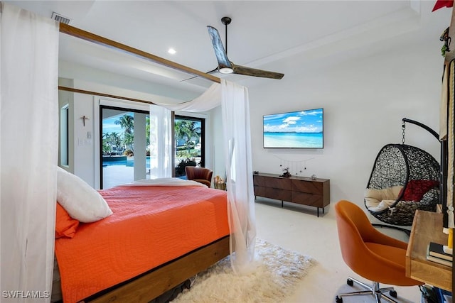 bedroom with ceiling fan, carpet floors, and access to outside