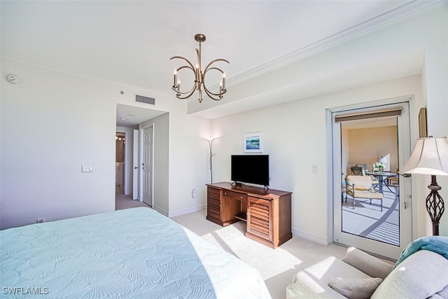 bedroom with a notable chandelier, access to exterior, crown molding, and light carpet