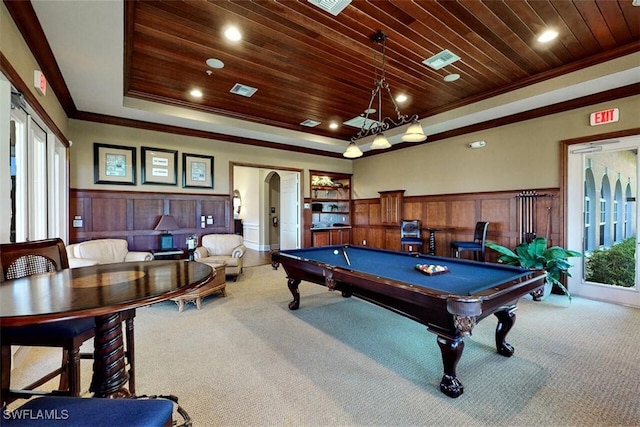 game room with light colored carpet, crown molding, wooden ceiling, and billiards