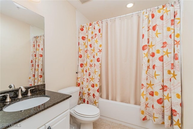 bathroom featuring toilet, shower / tub combo, tile patterned floors, and vanity