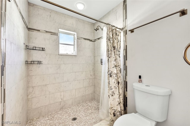 bathroom with a shower with shower curtain and toilet