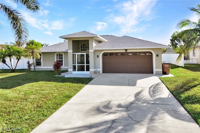 view of front of house with a front yard and a garage