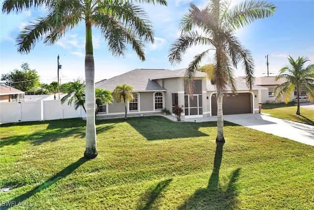 view of front of property featuring a garage and a front lawn