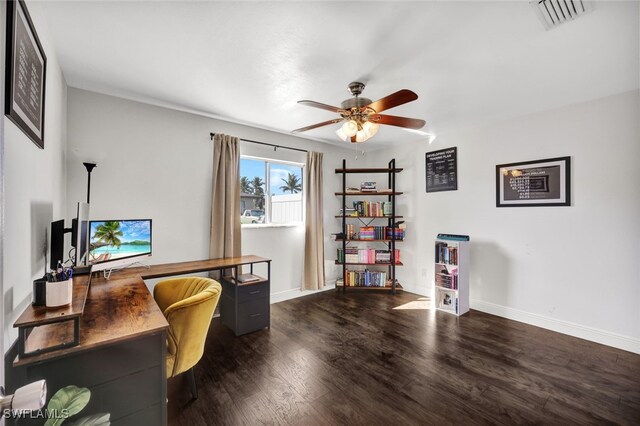 home office featuring ceiling fan and dark hardwood / wood-style flooring