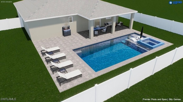 view of pool featuring an in ground hot tub, a yard, an outdoor living space, and a patio