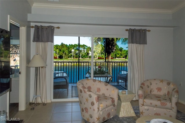 exterior space featuring a water view, light tile patterned floors, and ornamental molding