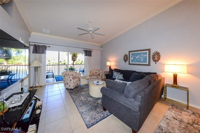 tiled living room featuring ceiling fan, lofted ceiling, and crown molding