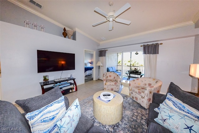 tiled living room featuring vaulted ceiling, ceiling fan, and ornamental molding