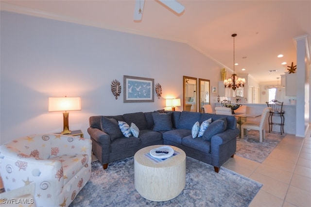 tiled living room featuring an inviting chandelier, crown molding, and vaulted ceiling