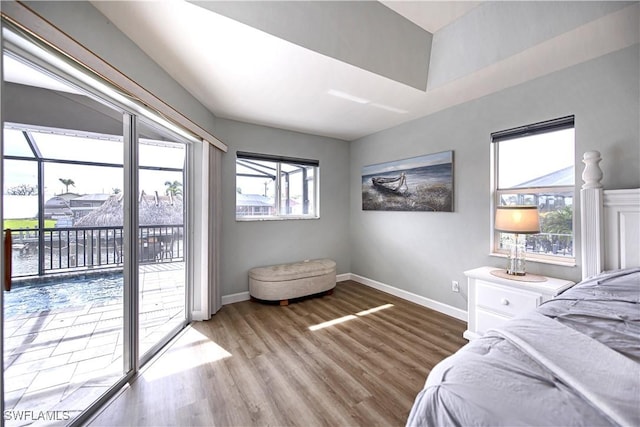 bedroom with hardwood / wood-style floors, access to exterior, and multiple windows