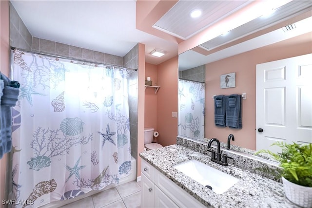 full bathroom with tile patterned flooring, vanity, toilet, and shower / bath combo with shower curtain