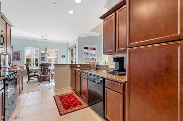 kitchen with sink, dark stone counters, light tile patterned floors, black appliances, and ornamental molding