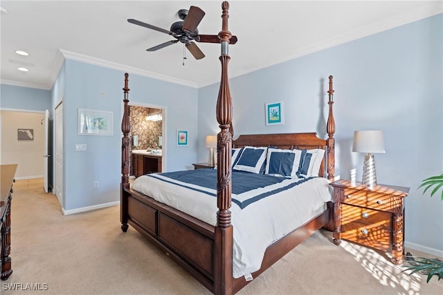 bedroom featuring connected bathroom, ceiling fan, light colored carpet, and ornamental molding