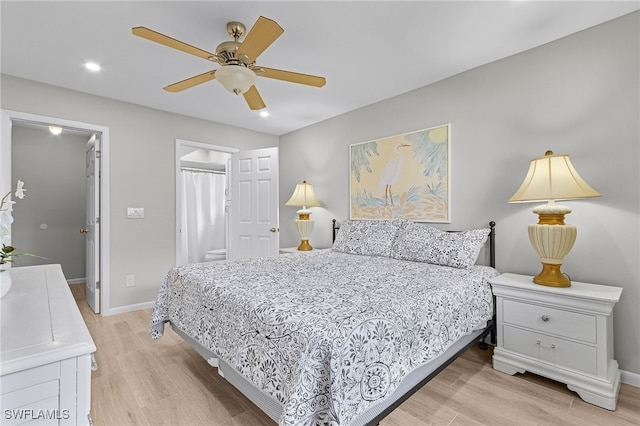 bedroom with light hardwood / wood-style flooring and ceiling fan