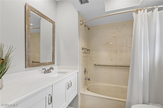 bathroom featuring vanity and shower / tub combo with curtain