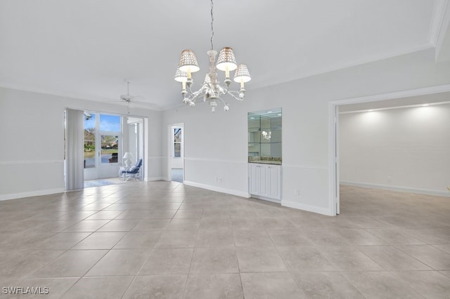 interior space with ceiling fan with notable chandelier and ornamental molding