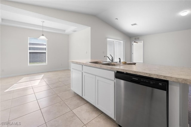 kitchen featuring sink, pendant lighting, dishwasher, white cabinetry, and lofted ceiling