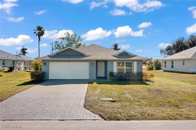 ranch-style house with a garage and a front lawn