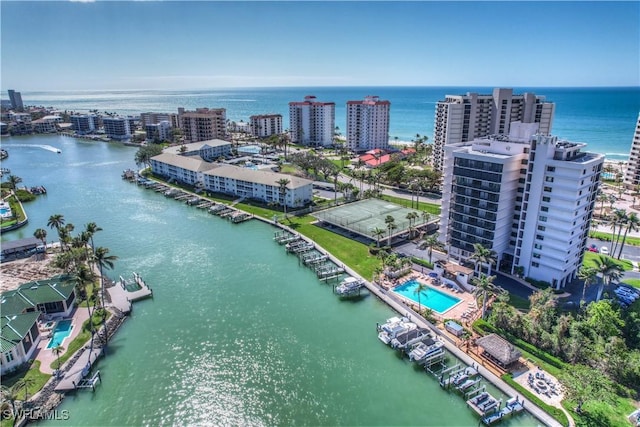 bird's eye view with a water view and a city view