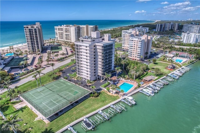 aerial view featuring a water view and a city view