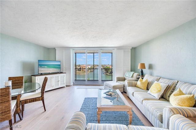 living area with light wood-style flooring and a textured ceiling